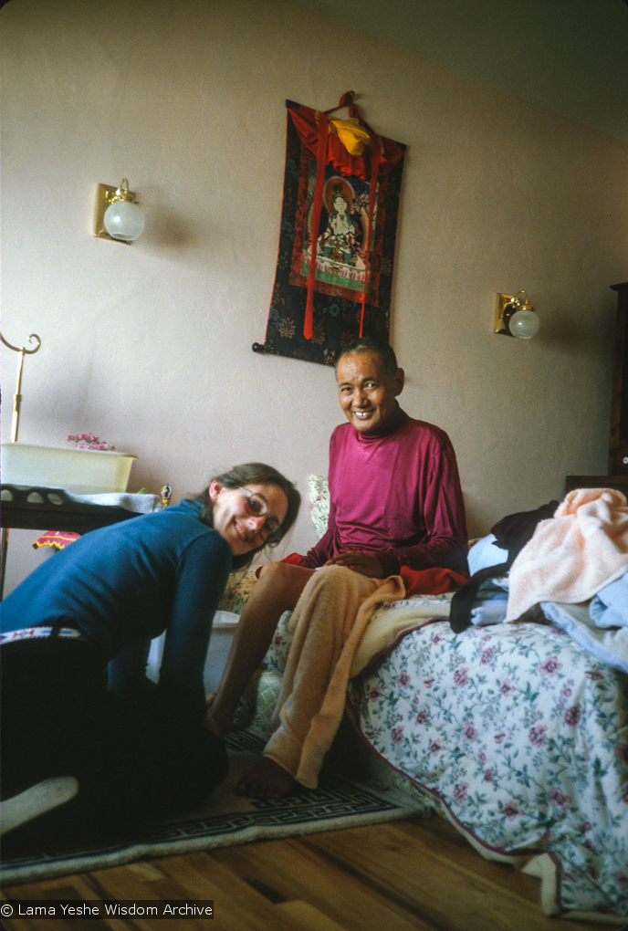 (35647_sl.tif) Lama with Shirley Begley, one of his nurses, in a photo taken shortly before his death, California, 1984. Photo by Lama Zopa Rinpoche.
