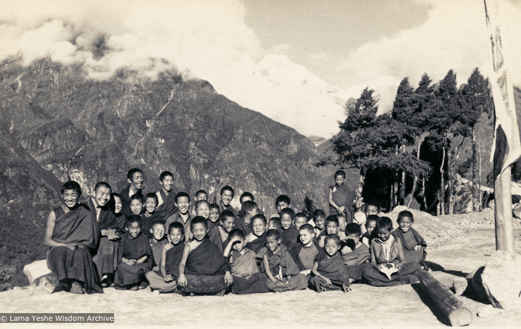 Mount Everest Center students at Lawudo Retreat Center, Nepal, 1973. Lama Yeshe sent photos of the MEC students all around the world and also took photos with him on tour in an attempt to raise funds for them. &quot;Mummy&quot; Max Mathews had a photo taken of each of them and had a group photo made into a poster. Photo by Nick Ribush.