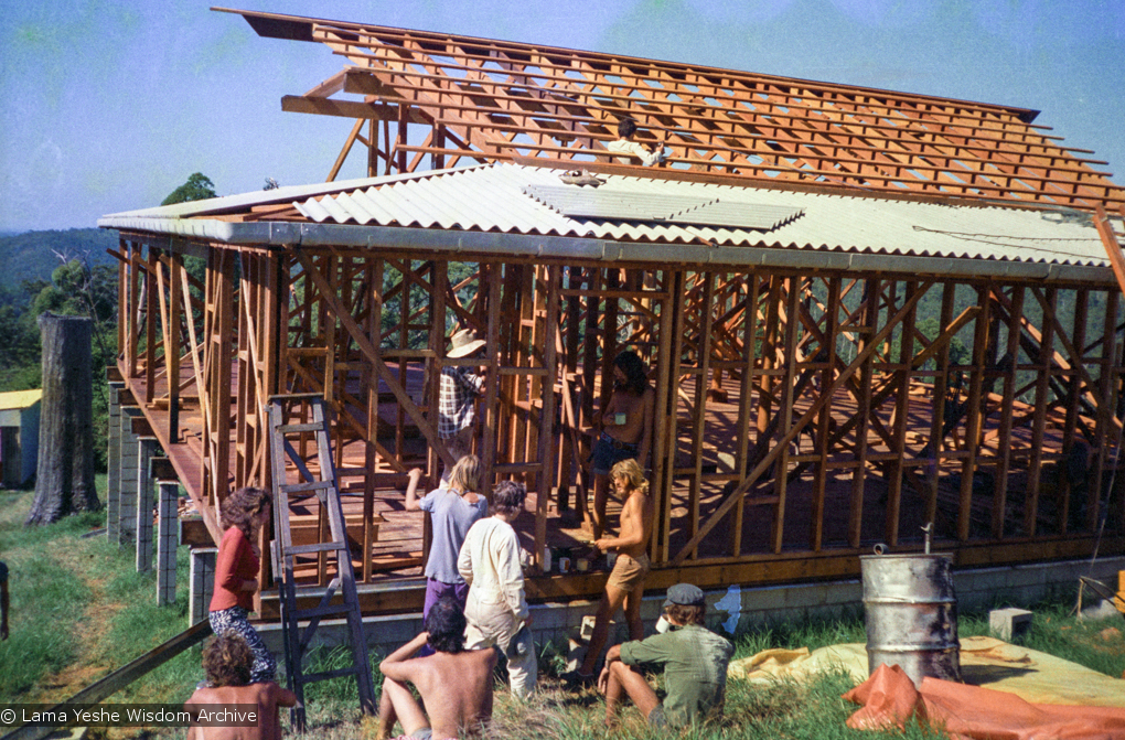 (37334_ng.tif) Building the Chenrezig Institute gompa (meditation hall), February/March,1975. From the collection of images of Lama Yeshe, Lama Zopa Rinpoche and the Sangha during a month-long course at Chenrezig Institute, Australia.