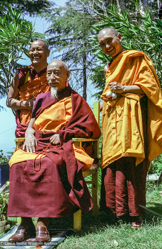 (38502_ng-3.psd) Lama Yeshe and Lama Zopa Rinpoche with Zong Rinpoche, Tushita Retreat Centre, Dharamsala, India, 1982.