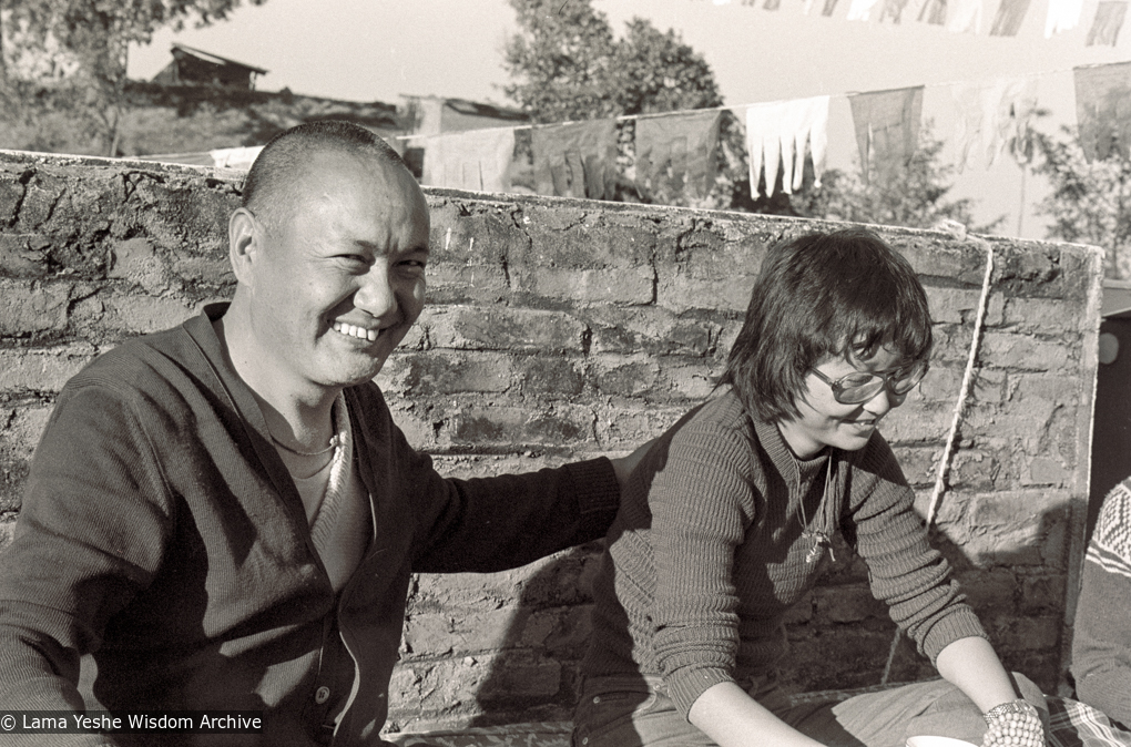 (39324_ng-3.tif) Lama Yeshe with Jampa Trinley&#039;s daughter, Tsen-la Tuladhar, Kopan Monastery, 1978.
