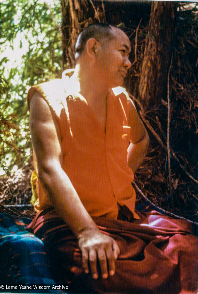 (39355_ud-3.psd) Lama and students on Vajrapani land, CA, 1977. Lama asked where the property boundary was and went running up to the highest point on a steep ridge. In some places the land was almost vertical. Lama gave a teaching then and there in a small redwood grove on the property. Carol Fields (donor)