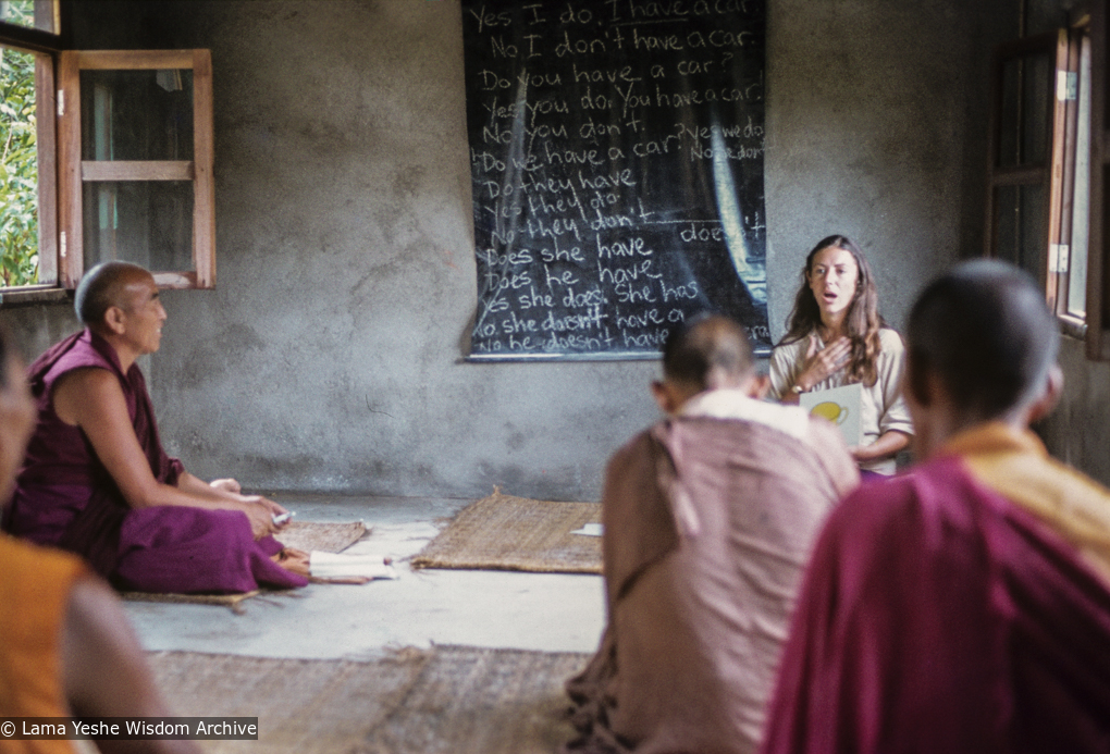 (39461_sl-3.jpg) Pam Cayton teaching English to the monks, Kopan Monastery, Nepal, 1980.