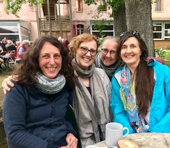 Stacey Martin and Wendy Cook from LYWA with Dechen (Molly) Wiseman and Christina Lundberg. June 2019, Institut Vajra Yogini, France.