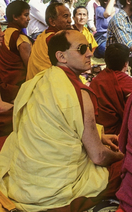 Top left, Sister Max, Geshe Thinley (Lama’s brother) and Nick Ribush at Lama Yeshe’s cremation, Vajrapani Institute, California, March, 1984.
Photo: Ricardo de Aratanha.