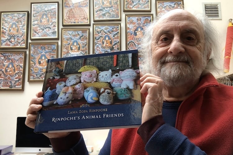 Nick Ribush with a copy of Rinpoche&#039;s Animal Friends, Lincoln, Massachusetts, USA, 2025. 