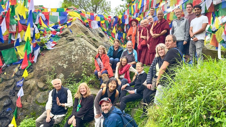 Pilgrims outside Padmasambhava&#039;s cave, Rewalsar (Tso Pema), Himachal Pradesh, India, July 2023.