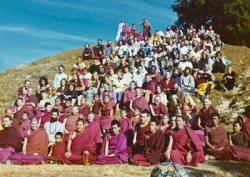 Lama Yeshe and Lama Zopa Rinpoche with students at the Seventh Meditation Course, Kopan Monastery, 1974. Photo: Wendy Finster.
