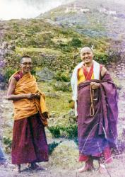 Lama Yeshe and Lama Zopa Rinpoche below Lawudo Retreat Centre, Nepal, mid-70s.