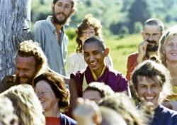(10378_pr-2.psd) Lama Zopa Rinpoche with the students, 1975. On Saka Dawa (the celebration of Buddha&#039;s birth, enlightenment, and death), Lama Yeshe asked everyone to come outside after a Guru Puja for a meditation on the hill behind the gompa. Chenrezig Institute, Australia, May 25, 1975. Photo by Wendy Finster.