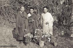 Portrait photo of Geshe Thubten Tashi, Lama Zopa Rinpoche and Lama Yeshe taken at Kopan Monastery at the end of the first meditation course, Nepal, 1971. Photo by Fred von Allmen.