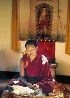 Lama Yeshe with his dog Dolma, 1971