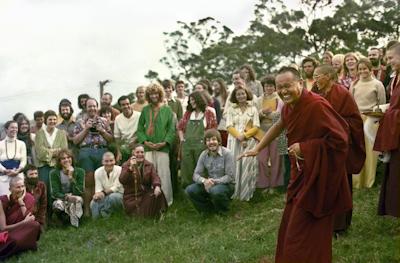 Lama Yeshe and Lama Zopa Rinpoche, with students, blessing the prayer flag pole at Chenrezig Institute, Australia, 1976.