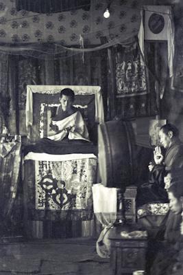 Lamas and sangha doing puja, Kopan, 1974
