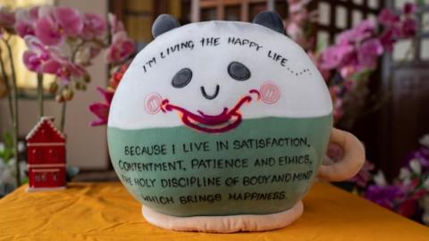 Dharma message by Lama Zopa Rinpoche written on plush toy, Kopan Monastery, Nepal, 2023. Photo by Lobsang Sherab.