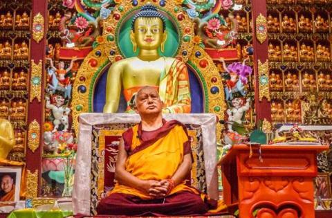Lama Zopa Rinpoche teaching at Nalanda Institute, France, 2010. Photo: Thubten Kunsang (Henri Lopez).