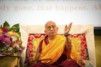 Lama Zopa Rinpoche teaching at the Light of the Path retreat, North Carolina, USA, spring 2014.