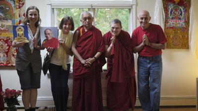 Lama Zopa Rinpoche with LYWA staff at Lincoln, Massachusetts, 2010. From left: Wendy Cook, Jen Barlow, Rinpoche, Ani Desal, Nick Ribush.