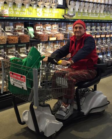 Nick Ribush shopping in a mobility scooter while recovering from surgery, March 2010.