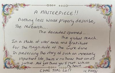 Handwritten card from Merry Colony with praise and gratitude for Big Love book.