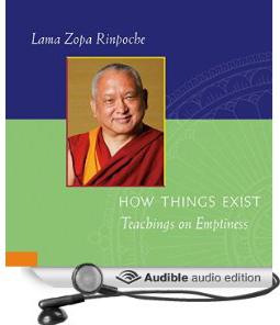 Book cover of How Things Exist by Lama Zopa RInpoche, with Audible logo.