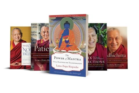 Picture of 5 book covers of titles by Lama Zopa Rinpoche published by Wisdom Publications.