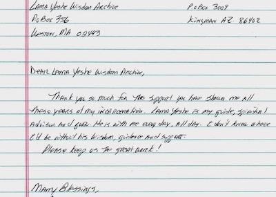 Letter from a prisoner, received in 2022, thanking Lama Yeshe Wisdom Archive for the support during their incarceration.