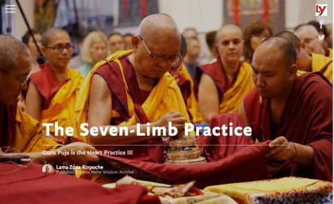 Title image for the multimedia presentation “The Seven Limb Practice” featuring Lama Zopa Rinpoche.