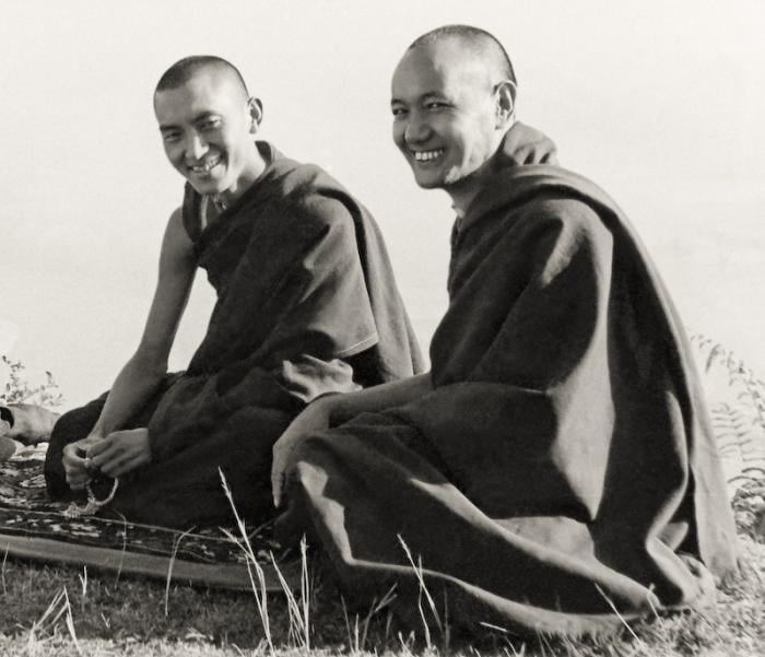 Lama Zopa Rinpoche and Lama Yeshe at Kopan, 1977. 