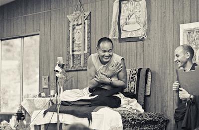 Lama Yeshe teaching in 1975 at Lake Arrowhead, California during the Lamas&#039; first American course. Photo by Carol Royce-Wilder.