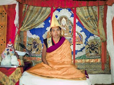 Lama Zopa Rinpoche at the enthronement of Yangsi Rinpoche, Kopan Monastery, Nepal, 1975.