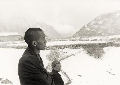 Lama Zopa Rinpoche and Zina Rachevsky at Lawudo Retreat Center, Nepal, 1969. Photo: George Luneau.