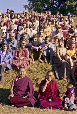 Lama Yeshe and Lama Zopa Rinpoche in a group photo from the 8th Meditation Course at Kopan Monastery, Nepal, 1975.