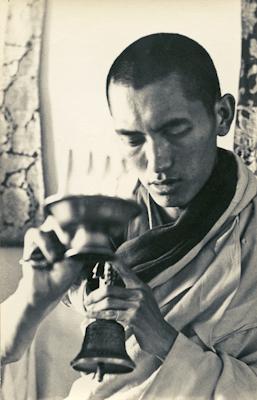Lama Zopa Rinpoche doing puja during the Fourth Meditation Course, Kopan Monastery, Nepal, 1973. Photo: Christine Lopez.