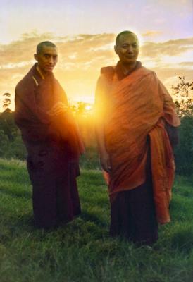 Lama Zopa Rinpoche and Lama Yeshe at dawn on Saka Dawa, Chenrezig Institute, Australia, 1975. Photo by Nick Ribush. 