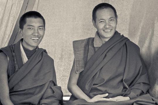 Lama Zopa Rinpoche and Lama Yeshe in a tent at Syangboche, Solu Khumbu, 1972.