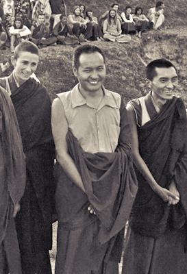 Anila Ann, Lama Yeshe and Lama Zopa Rinpoche with students at the Fourth Meditation Course, Kopan Monastery, Nepal, 1973.