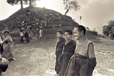 Lama Yeshe and Lama Zopa Rinpoche with students at the Fourth Meditation Course, Kopan Monastery, Nepal, 1973.