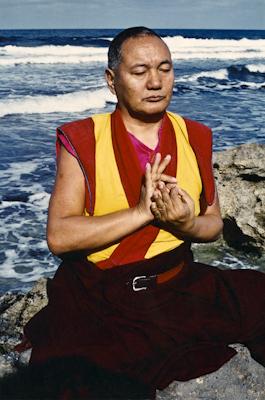 Lama Yeshe meditating by the ocean, Sicily, 1983. Photo: Jacie Keeley.