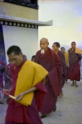 Lama Zopa Rinpoche leads a procession for the arrival of His Holiness Zong Rinpoche at Kopan Monastery, Nepal, April 1974. 