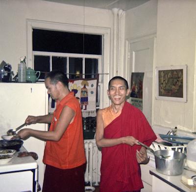 Lama Yeshe in the kitchen with Lama Zopa Rinpoche, New York City, 1974. Photo: Robbie Solick.