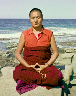 Lama Yeshe meditating by the ocean at Maroochydore, Australia, 1974.