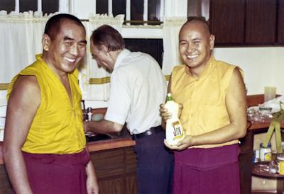 Geshe Sopa and Lama Yeshe with Elvin Jones, in Madison, Wisconsin, 1975. Photo by George Propps.