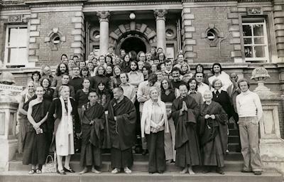 Lama Yeshe and Lama Zopa RInpoche with students at Royal Holloway College, England, 1975. Photo: Dennis Heslop.