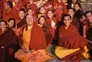 Lama Yeshe and Lama Zopa Rinpoche with Mount Everest Centre (MEC) students at Kopan Monastery, Kathmandu, Nepal, 1982. Photo: Dan Laine.
