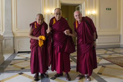 Lama Zopa Rinpoche, His Holiness the Dalai Lama and Ven. Roger Kunsang, Italy, June 2014.  Photo: Matteo Passigato.