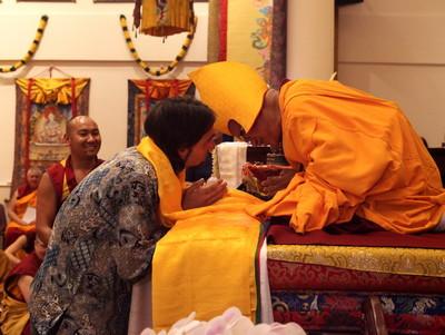 Tenzin Ösel Hita offering to Lama Zopa Rinpoche during long-life puja, Singapore, Mar 2016.  Photo: Lobsang Sherab.