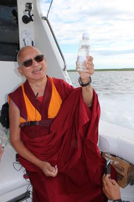 Lama Zopa Rinpoche traveling out to the open Atlantic Ocean to bless it and the animals in it, USA, August 2016. 