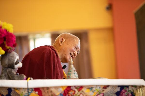 Lama Zopa Rinpoche teaching at Kopan Monastery, Nepal, December 2019. Photo: Neal Patrick.