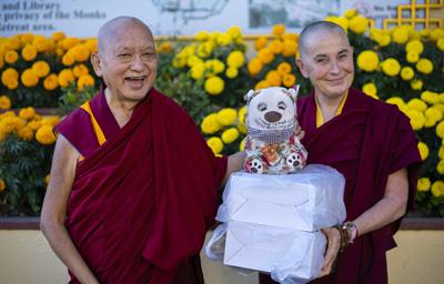 Lama Zopa Rinpoche with Ani Tenzin Namdrol, Kopan  Monastery, Nepal, November 2020